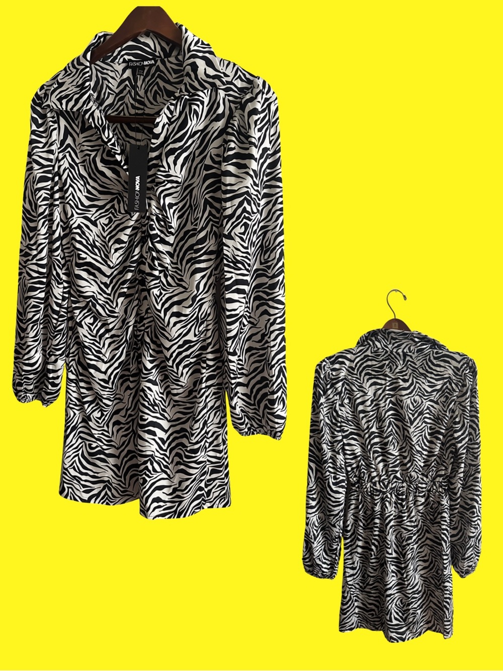 FASHION NOVA Zebra Collared Mini Dress SIZE MEDIUM Animal Short Mini Button Long